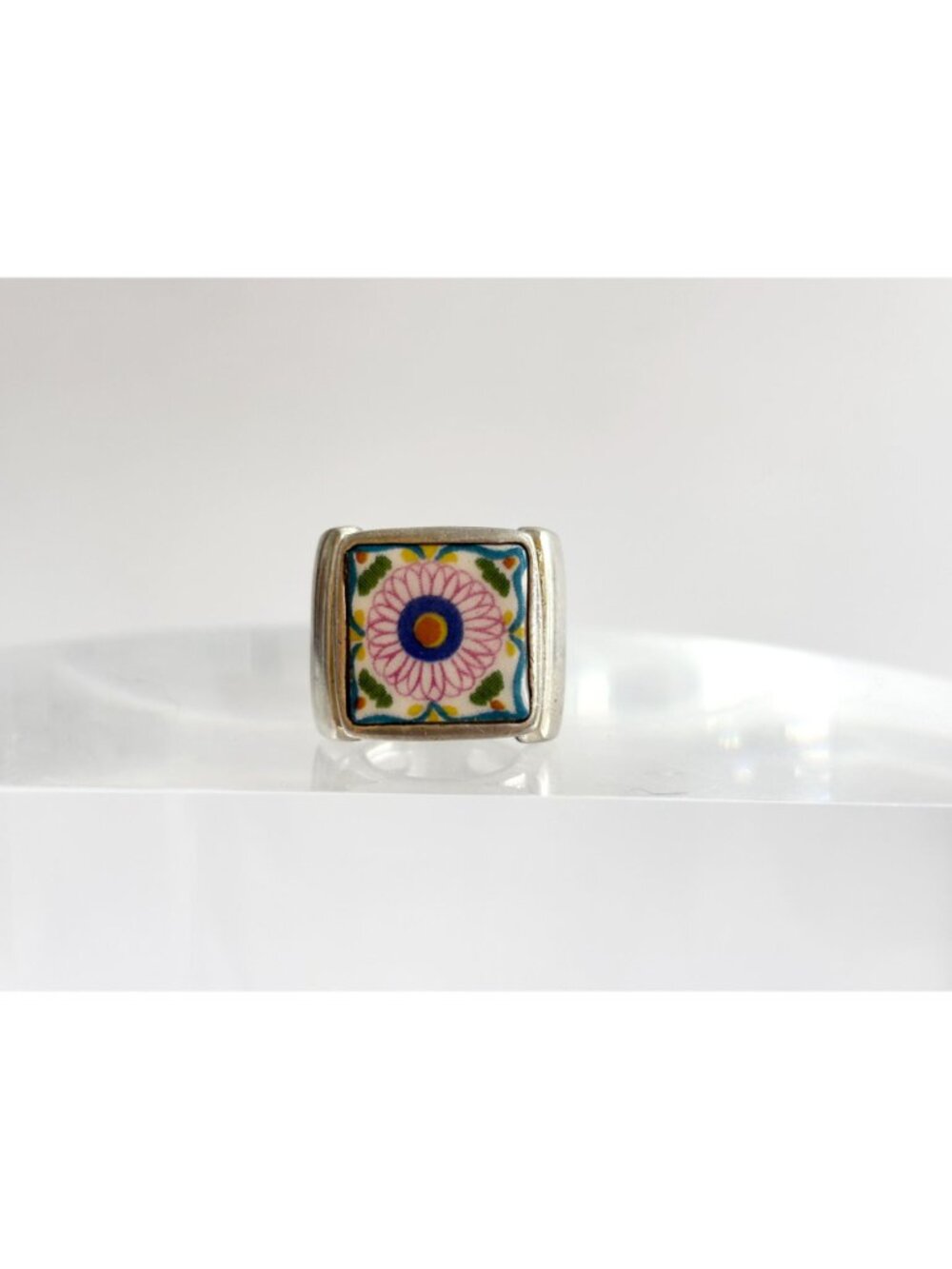 Porcelain Floral Painted Tilework Chunky Sterling Silver 925 Vintage Ring - sz 5 - Picture 2 of 16